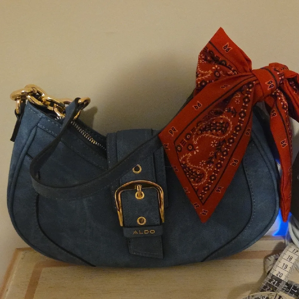 ALDO Navy Shoulder Bag with Gold Hardware and Red Bandana Accent - Picture 2 of 4